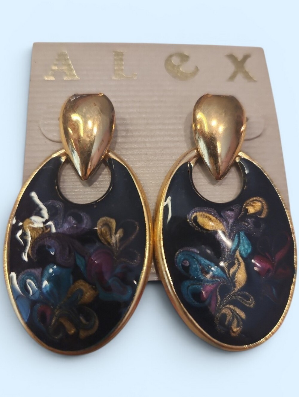Alexis Gold-Tone Navy Oval Drop Earrings with Multicolor Accents